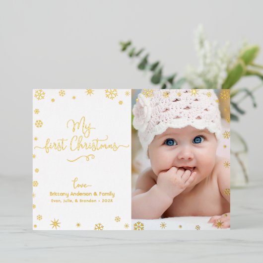 フォトマイ初めてのクリスマスベビー雪実在片金ゴールド 箔シーズンカード (立ち正面)