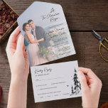 フォトマウンテンシンプルフォレモダンストRSVP結婚'A オールインワン招待状<br><div class="desc">このオールイエレガントンワンの結婚式招待状は、簡単から切り離された穴あきRSVPポストカードを含みモダン、美しい山の木の森の風景の手書きのスケッチを備え、婚約写真の一つでカスタマイズ可能でお気に入りのす。この招待は、あなたのスイートを作結婚成するために多くの調整アイテムと"山の森のコレクションの一結婚部であユニークる。</div>