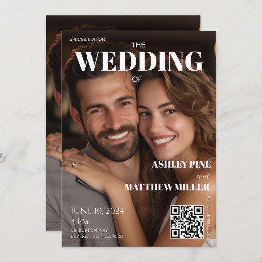 フォトマガジンカバー新聞ユニークの結婚記事 招待状 (正面/裏面)