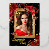 フォトマスカレードパーティーSweet sixteenレッドローズ金ゴールド 箔招待状 (正面)