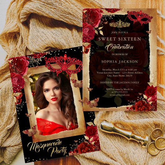 フォトマスカレードパーティーSweet sixteenレッドローズ金ゴールド 箔招待状