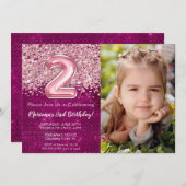 フォトマゼンタピンクグリッター第2誕生日 招待状 (正面/裏面)