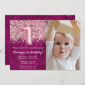フォトマゼンタピンクグリッター1歳 招待状 (正面/裏面)
