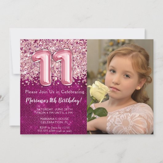 フォトマゼンタピンクグリッター11誕生日 招待状 (正面)