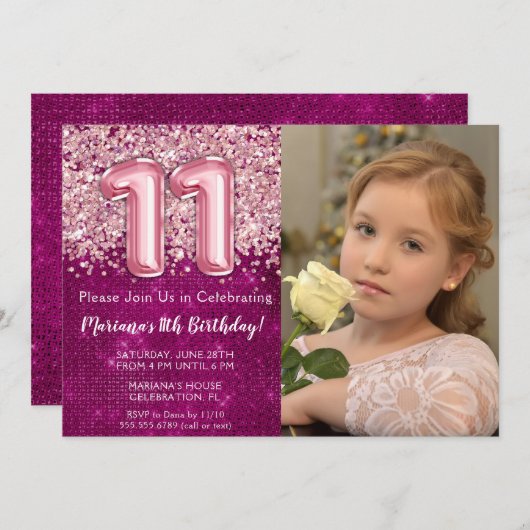 フォトマゼンタピンクグリッター11誕生日 招待状