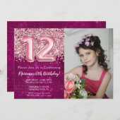 フォトマゼンタピンクグリッター12th誕生日パーティー 招待状 (正面/裏面)