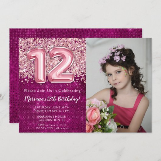 フォトマゼンタピンクグリッター12th誕生日パーティー 招待状 (正面/裏面)
