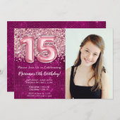 フォトマゼンタピンクグリッター15th誕生日パーティー 招待状 (正面/裏面)