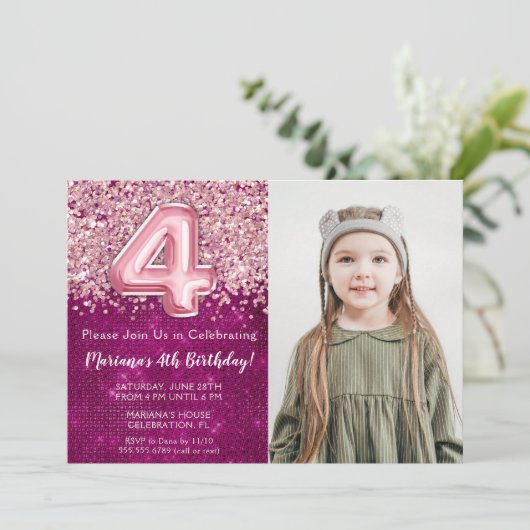 フォトマゼンタピンクグリッター4th誕生日 招待状 (スタンド正面)