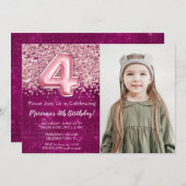 フォトマゼンタピンクグリッター4th誕生日 招待状 (正面/裏面)
