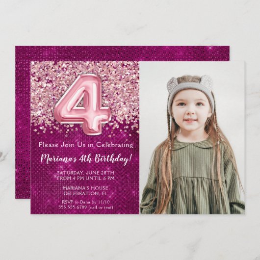 フォトマゼンタピンクグリッター4th誕生日 招待状 (正面/裏面)