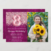 フォトマゼンタピンクグリッター8誕生日 招待状 (正面/裏面)
