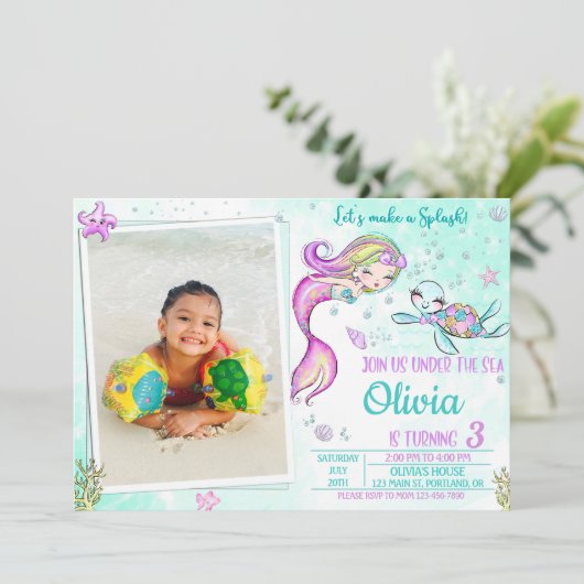 フォトマーメイドと亀の誕生日の招待パーティー 招待状 (スタンド正面)