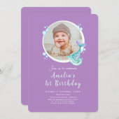 フォトマーメイドパープル誕生日招待状 招待状 (正面/裏面)