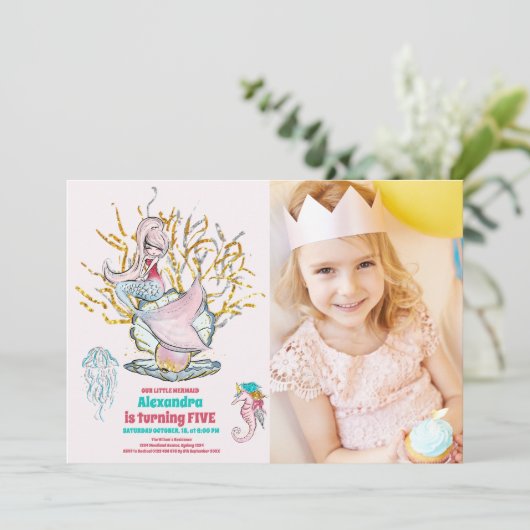 フォトマーメイド金ゴールドグリッター誕生日パーティー 招待状 (スタンド正面)