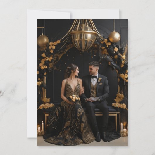 フォトミスティックなシックなブラック金ゴールドサンムーン結婚ズ 招待状 (裏面)