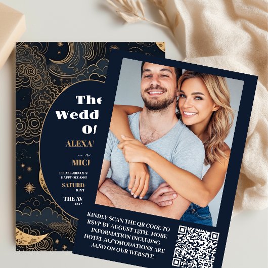 フォトミッドナイトブルー金ゴールドス結婚テリア 招待状