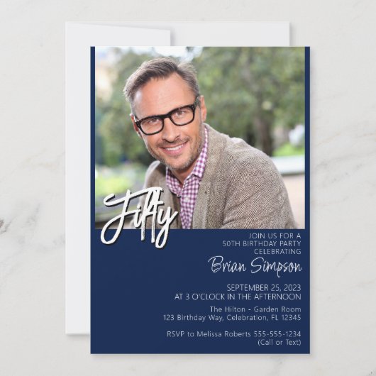 フォトミニマモダンリストネイビーブルー55誕生日 招待状 (正面)