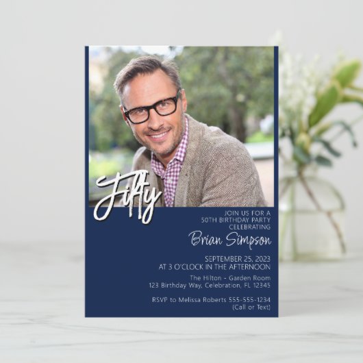 フォトミニマモダンリストネイビーブルー55誕生日 招待状 (スタンド正面)