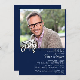 フォトミニマモダンリストネイビーブルー55誕生日 招待状