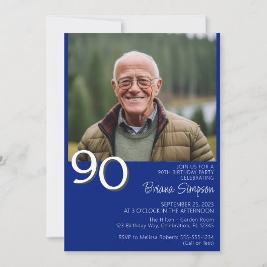 フォトミニマモダンリスト王室のブルー90誕生日 招待状 (正面)