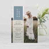 フォトミニマリストのブルーボーイハローベビーシャワー 招待状 (スタンド正面)