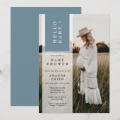 フォトミニマリストのブルーボーイハローベビーシャワー 招待状 (正面/裏面)