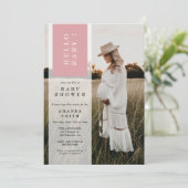 フォトミニマリストピンクガールハローベビーシャワー 招待状 (スタンド正面)