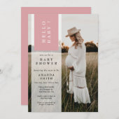 フォトミニマリストピンクガールハローベビーシャワー 招待状 (正面/裏面)