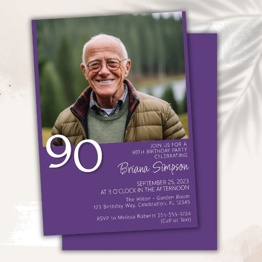 フォトミニマルモダンリストパープル90誕生日 招待状