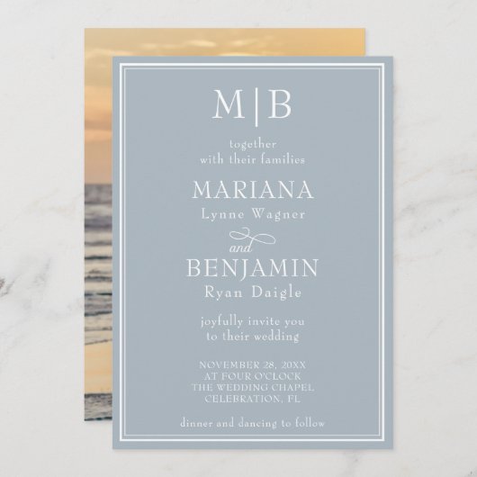 フォトミニマルモダンリストライトグレイ結婚ズ 招待状 (正面/裏面)