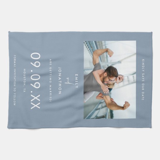 フォトミニマル文字ダスティブルー日付を保存 キッチンタオル (横)