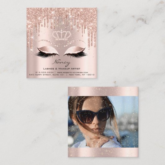 フォトメイクアップアーティストまつげ眉バラ金ゴールドVip スクエア名刺 (正面/裏面)