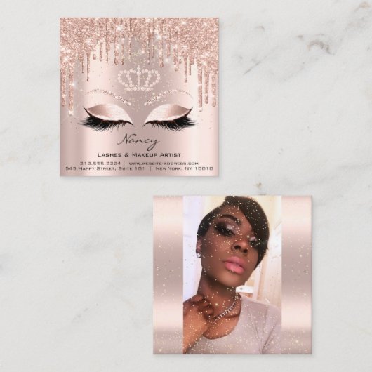 フォトメイクアップアーティスト睫毛眉毛バラ金ゴールド スクエア名刺 (正面/裏面)