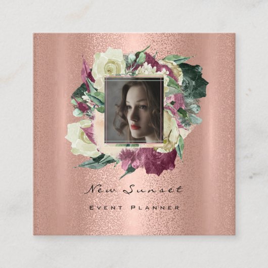 フォトメイクアップアーティスト結婚のイベントフローラバラ金ゴールド スクエア名刺 (正面)