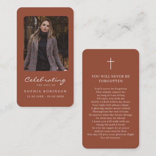 フォトメモリアルテラコッタ焼きオレンジ祈りの言葉カード 名刺 (正面/裏面)