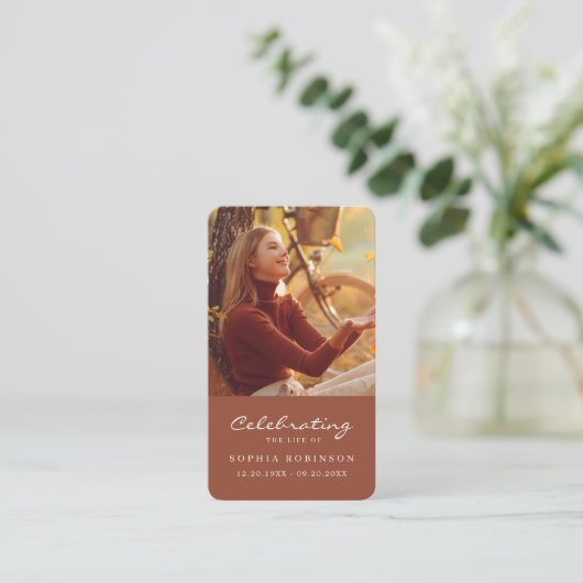 フォトメモリアルテラコッタ焼きオレンジ祈りの言葉カード 名刺 (スタンド正面)