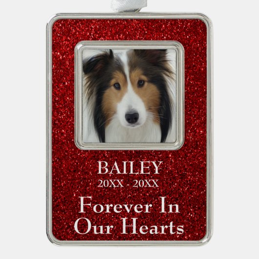 フォトメモリアル赤グリッター犬 シルバープレートフレームオーナメント (正面)