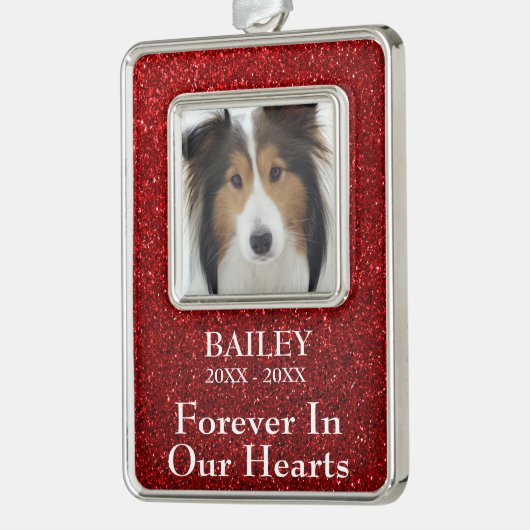 フォトメモリアル赤グリッター犬 シルバープレートフレームオーナメント (左)