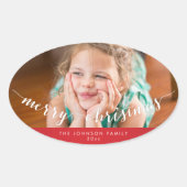 フォトメリークリスマスオーバルレッドステッカー 楕円形シール (正面)