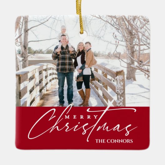 フォトメリークリスマススクリプト書道ファミリー セラミックオーナメント (正面)