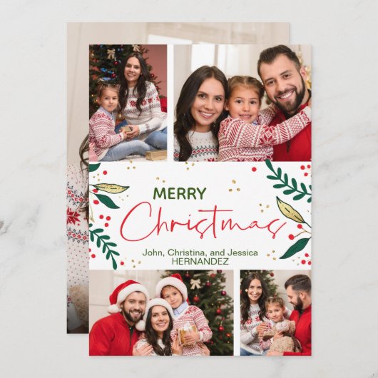 フォトメリークリスマスレッドグリーン金ゴールド シーズンカード (正面/裏面)