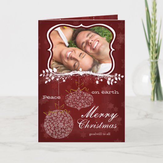 フォトメリークリスマスレッドスターズホワイトオーナメント シーズンカード (正面)