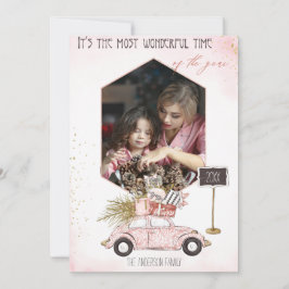 フォトメリークリスマス付き水彩ヴィンテージカー シーズンカード