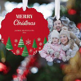 フォトメリークリスマス赤い緑のレトロな木 オーナメントカード