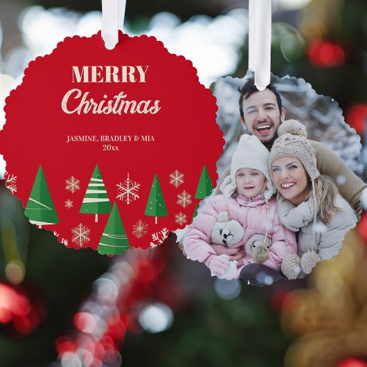 フォトメリークリスマス赤い緑のレトロな木 オーナメントカード