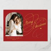 フォトメリーパーソナライズされたクリスマスのスクリプト金ゴールド 箔シーズンカード (正面)