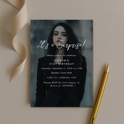 フォトモダンオーバーレイ誕生日サプライズパーティー 招待状