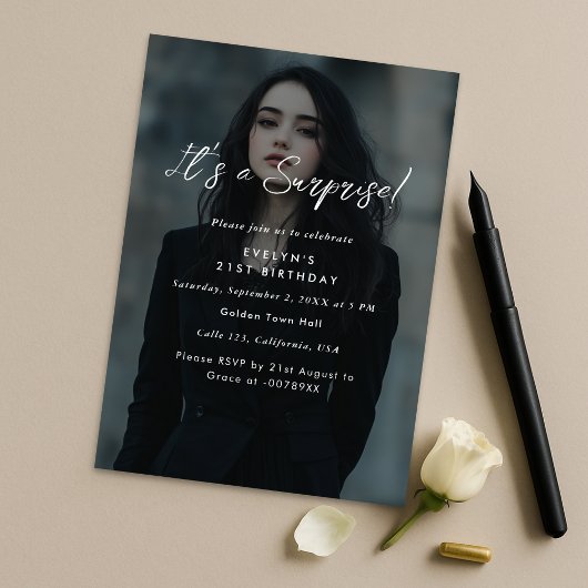 フォトモダンオーバーレイ誕生日サプライズパーティー 招待状