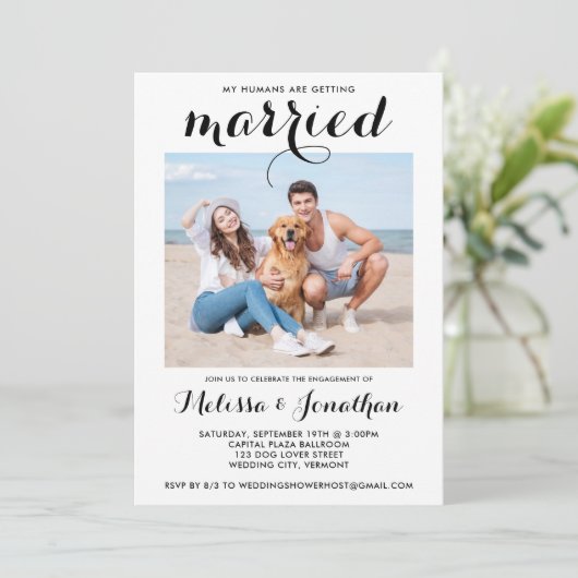 フォトモダンカスタムペット結婚の婚約パーティ 招待状 (スタンド正面)